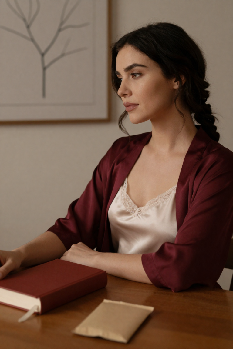 Woman in an ivory camisole and russet robe beside a closed rust-red biography and a blank seed packet