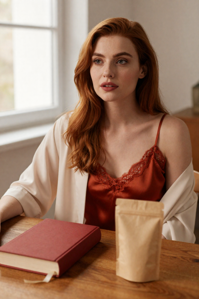 Woman in a rust-red silk slip at a desk with a closed rust-red biography and a blank kraft seed packet